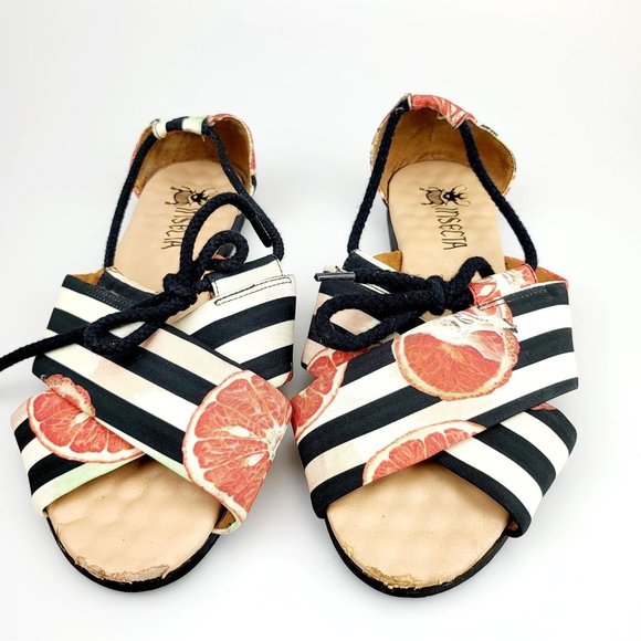 INSECTA Black white Striped Orange Fruit UNISEX Vegan Flats M 6.5 W 7.5 Peep Toe - Picture 5 of 11